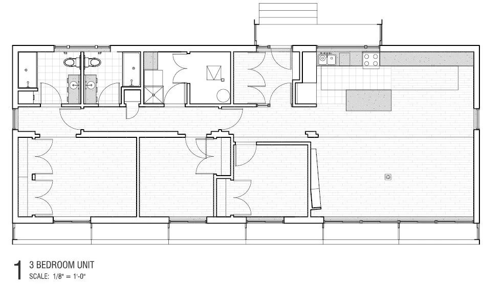 Floor plan of the NZ99 House 3-bedroom unit by Garrison Architects showing layout and room divisions.