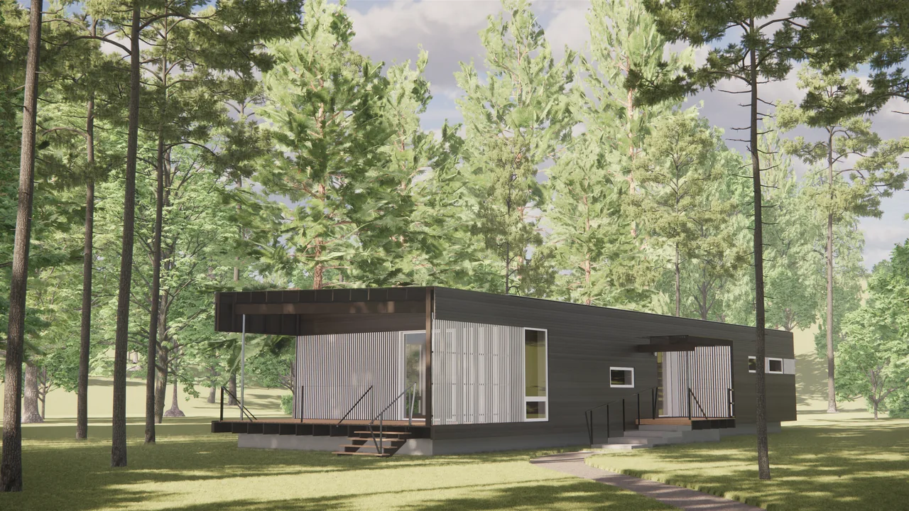 NZ99 House by Garrison Architects features black wood siding and large vertical windows set in a dense wooded landscape.