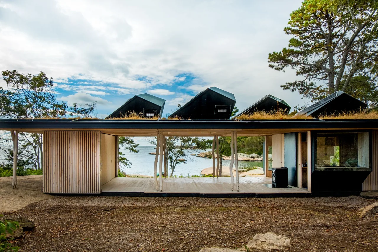 Seaside House designed by Gray Organschi Architecture features a flat roof with greenery and natural wood siding facing the water.