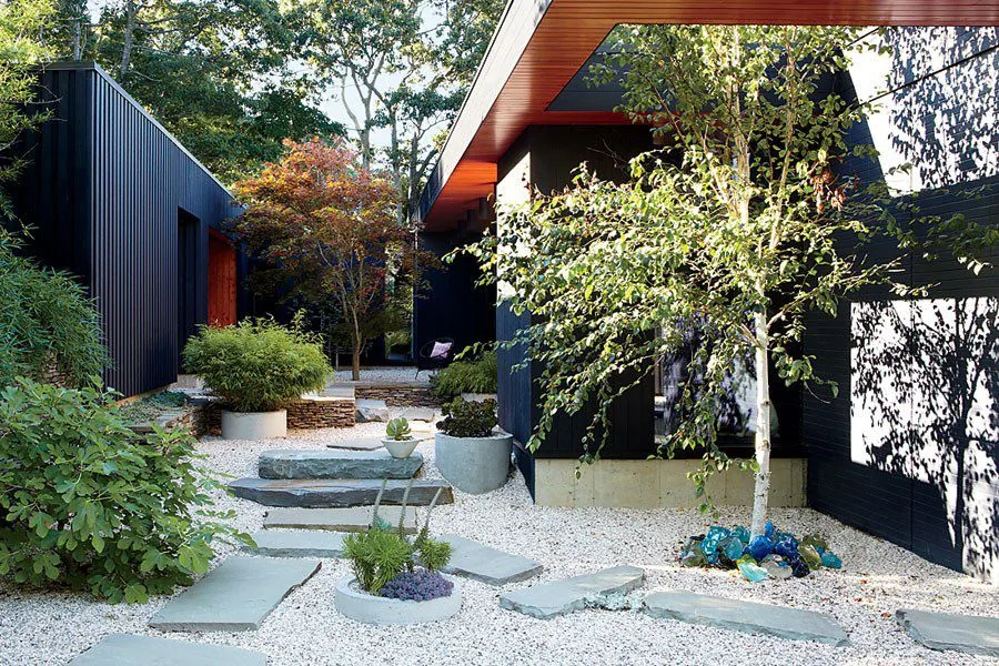 Modern courtyard of the Seaside House features black wood siding, natural stone steps, and a variety of plants on gravel ground.