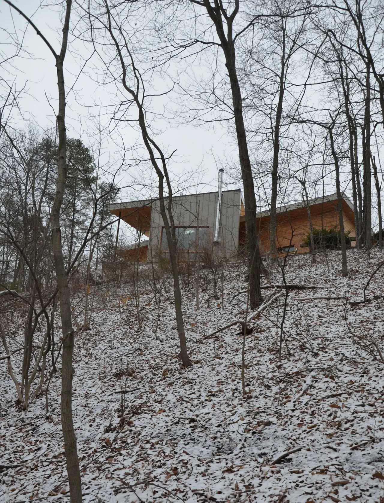 Ridge House features a slanted roof with metal cladding and wood siding, set on a snowy hillside surrounded by trees.