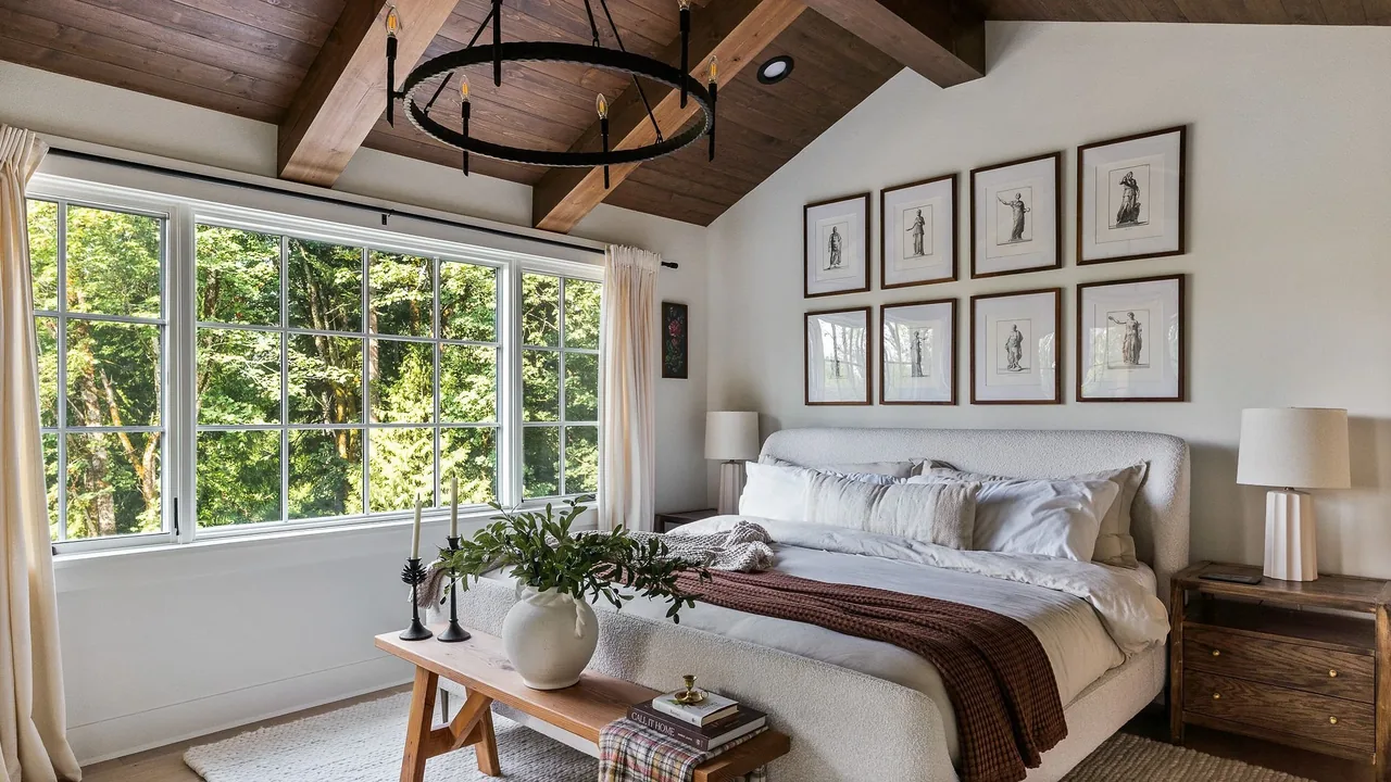 A bedroom features a vaulted wood ceiling with exposed beams, a large window, and a king-sized bed with a wood bench at the foot.