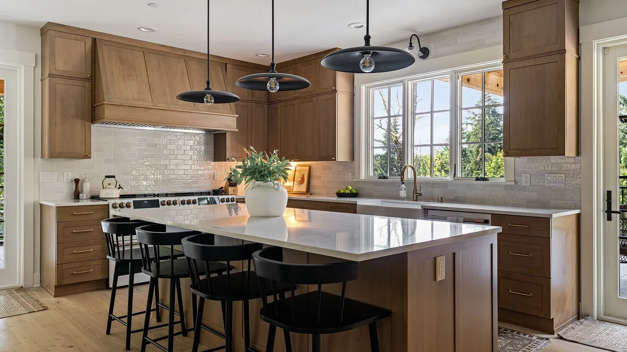 Cougar Mt Custom kitchen features light wood cabinets, a white island, and black pendant lighting by H2D architecture + design.