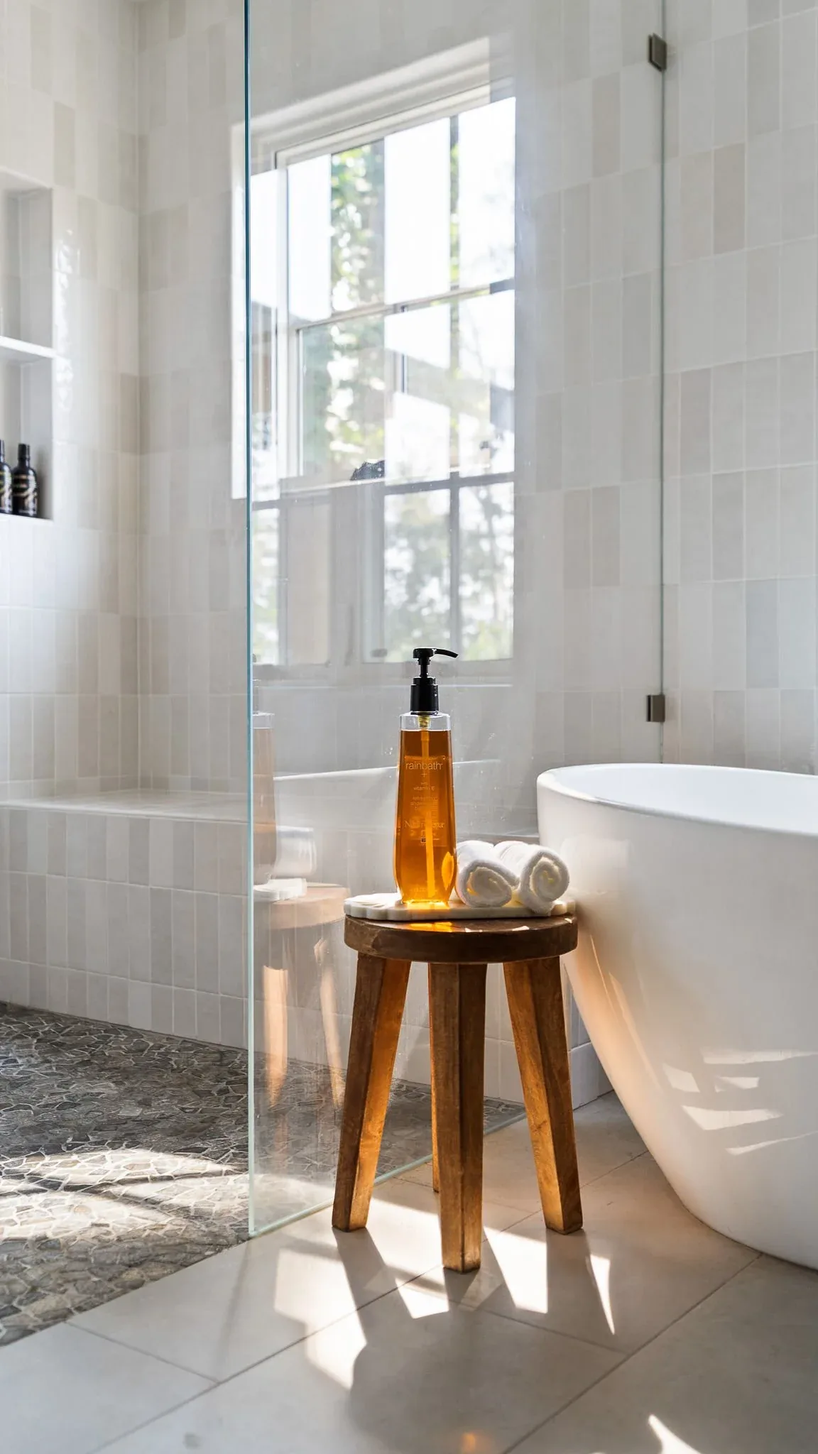 A wooden stool beside a white freestanding tub holds rolled towels and a soap dispenser by a glass shower enclosure.