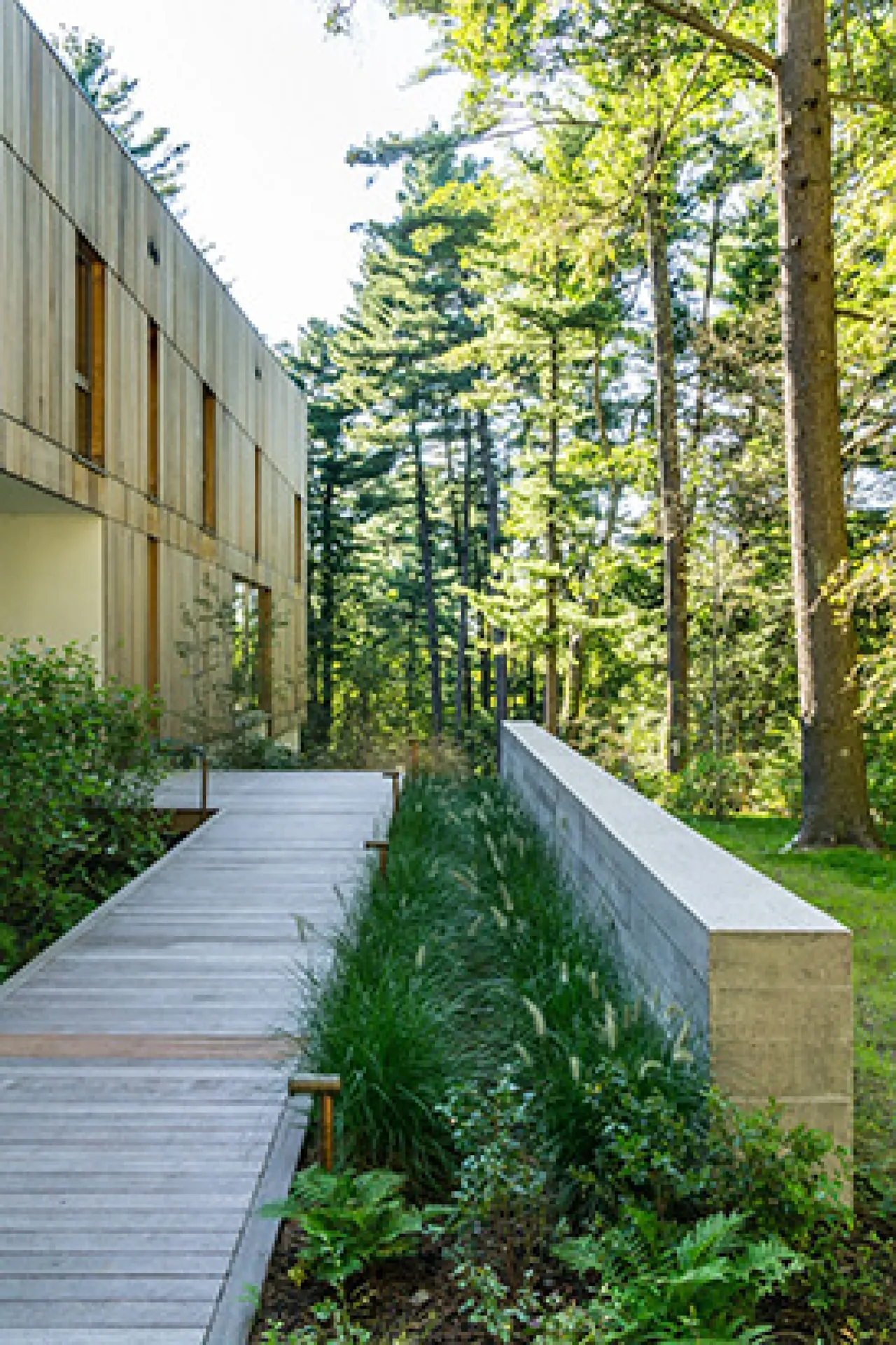 House No.207 features a wooden deck path adjacent to natural landscaping and wooden siding on the façade.