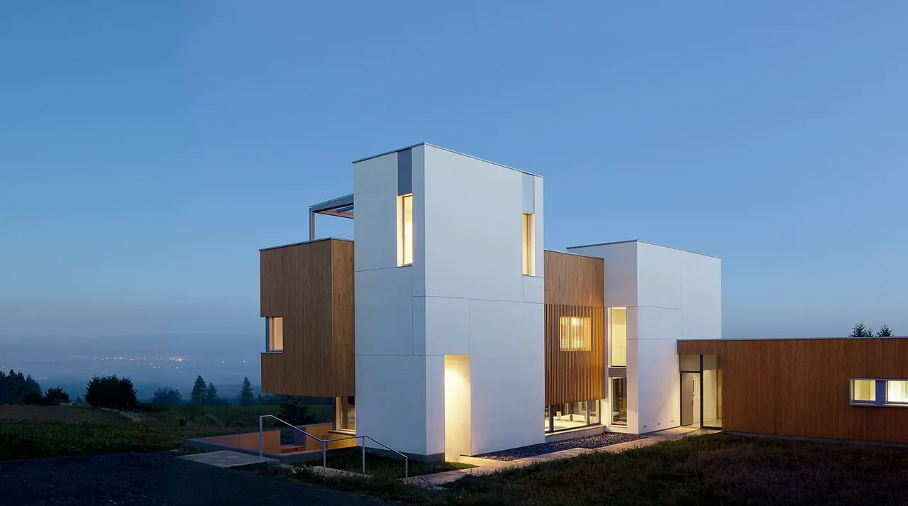 The Karuna House features cubic forms with contrasting white and wooden facades under a flat roof.