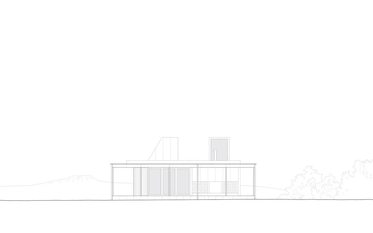Elevation drawing of Casa Temascaltepec showing the modern flat-roofed exterior.