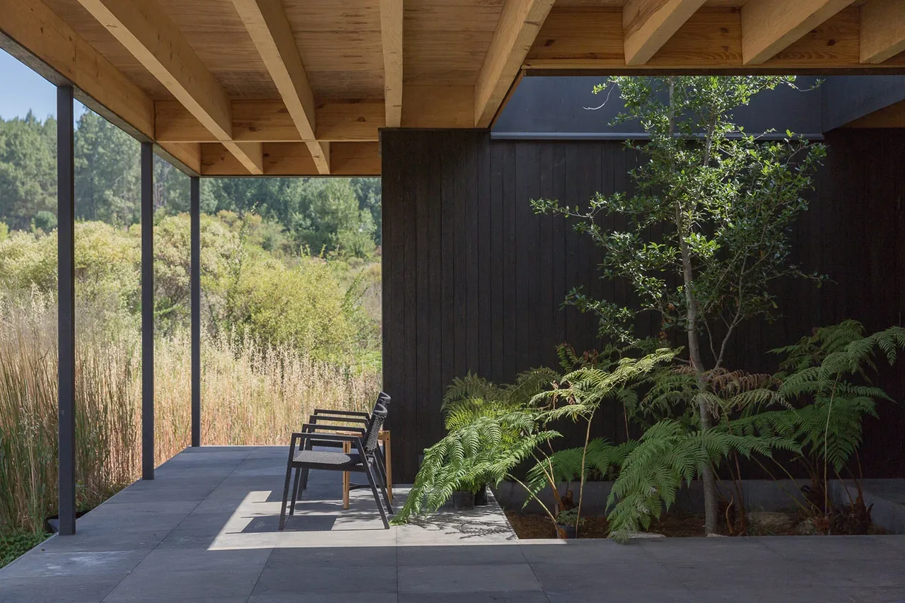 Covered patio with exposed wood beams, two black chairs, and surrounding natural plants and landscape.