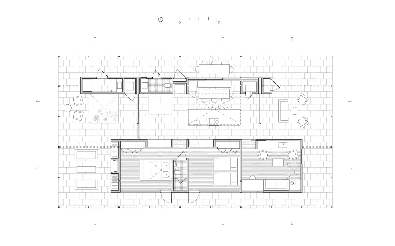 Floor plan of Casa Temascaltepec showing bedrooms, kitchen, dining, living areas, and outdoor spaces.