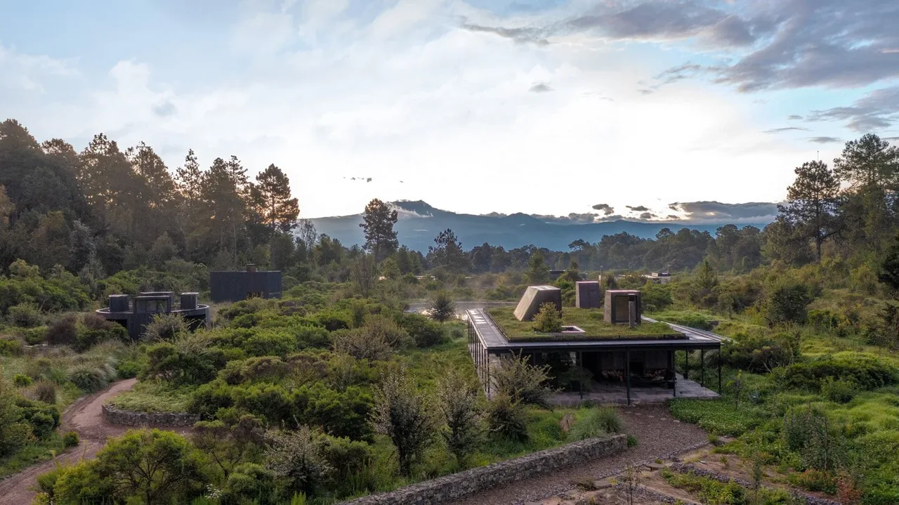 Casa Temascaltepec features a flat roof with integrated greenery, blending seamlessly into the surrounding natural landscape.