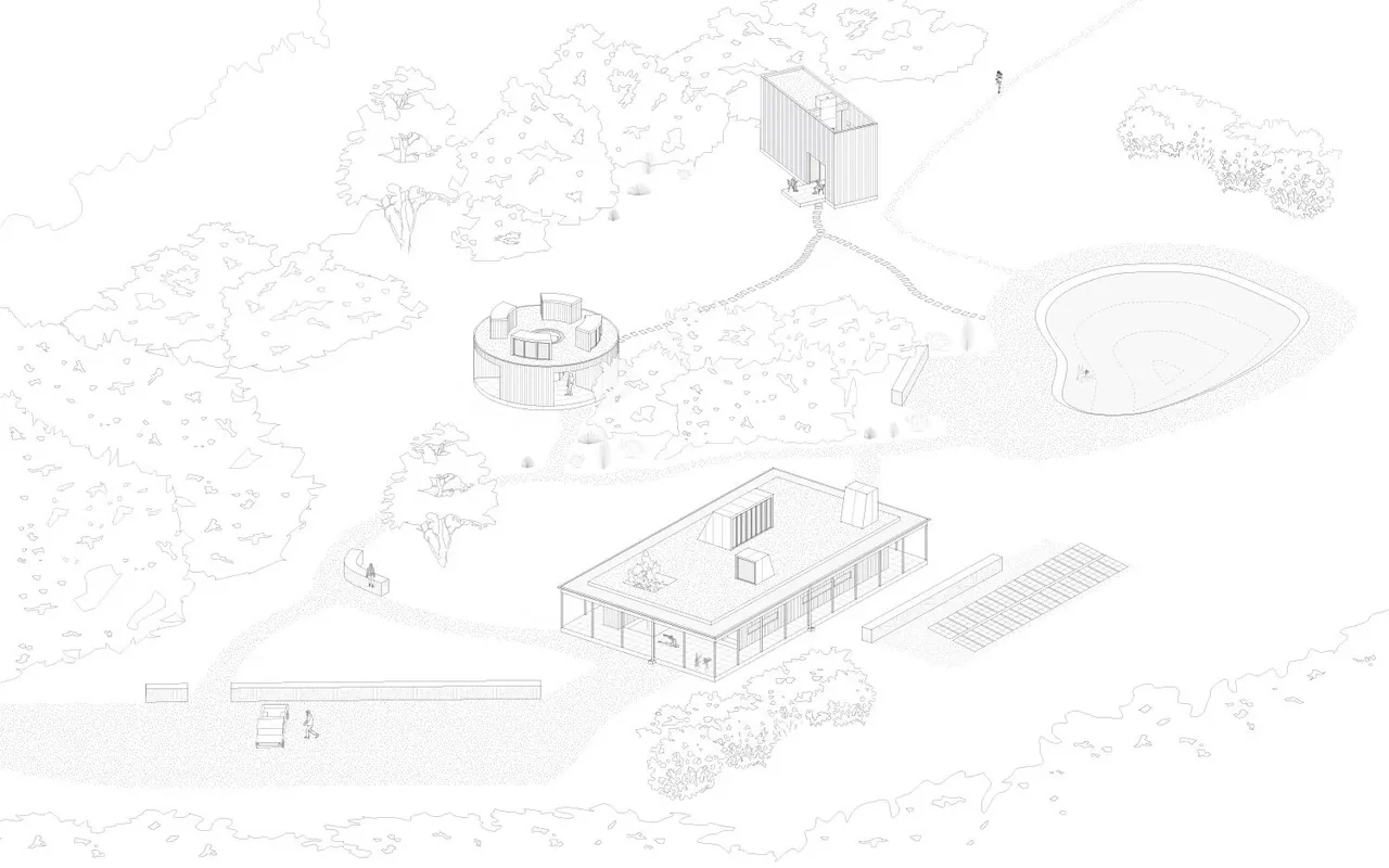 A site layout view showing three distinct modern structures surrounded by natural landscaping at Casa Temascaltepec.