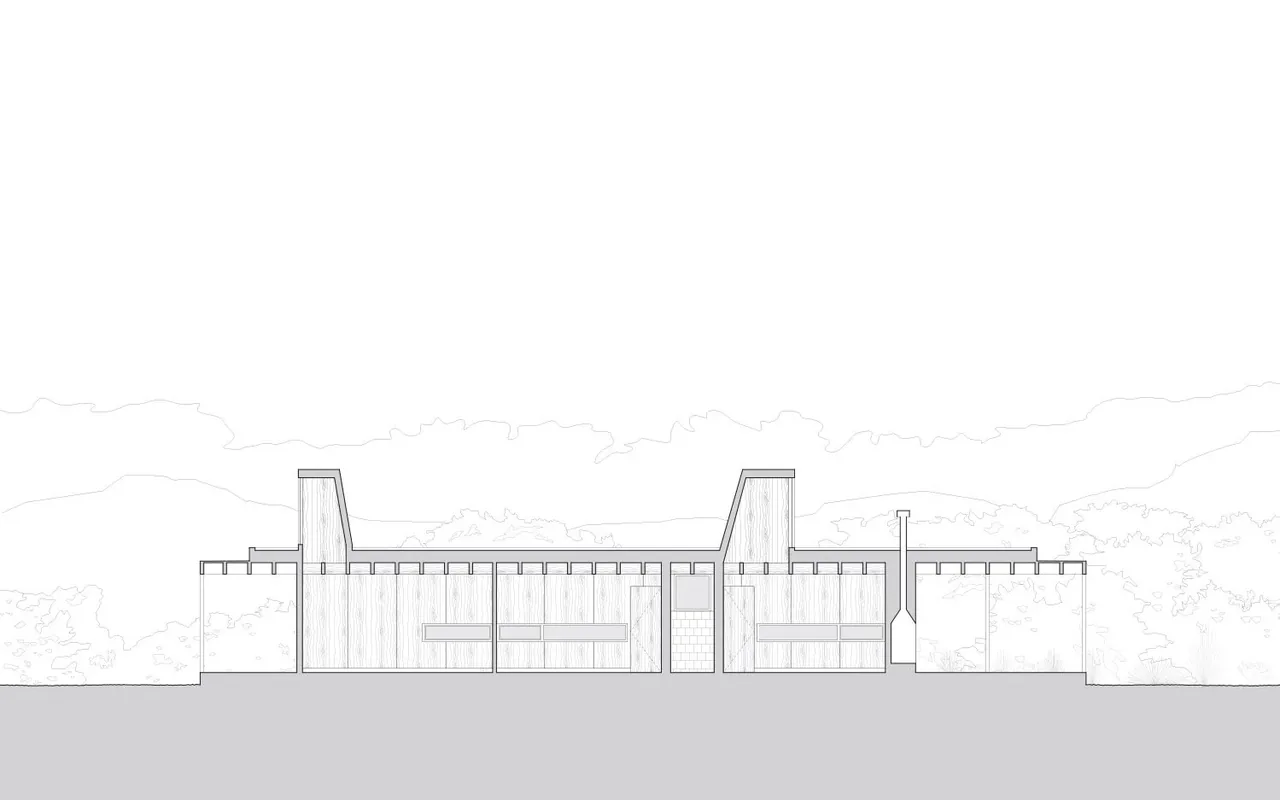 Front elevation drawing of Casa Temascaltepec with distinct vertical elements and wood siding