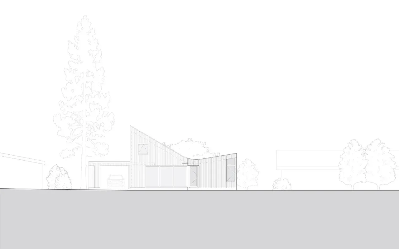 Elevation drawing showing the side view of House O with vertical wood siding and a sloped roof design.