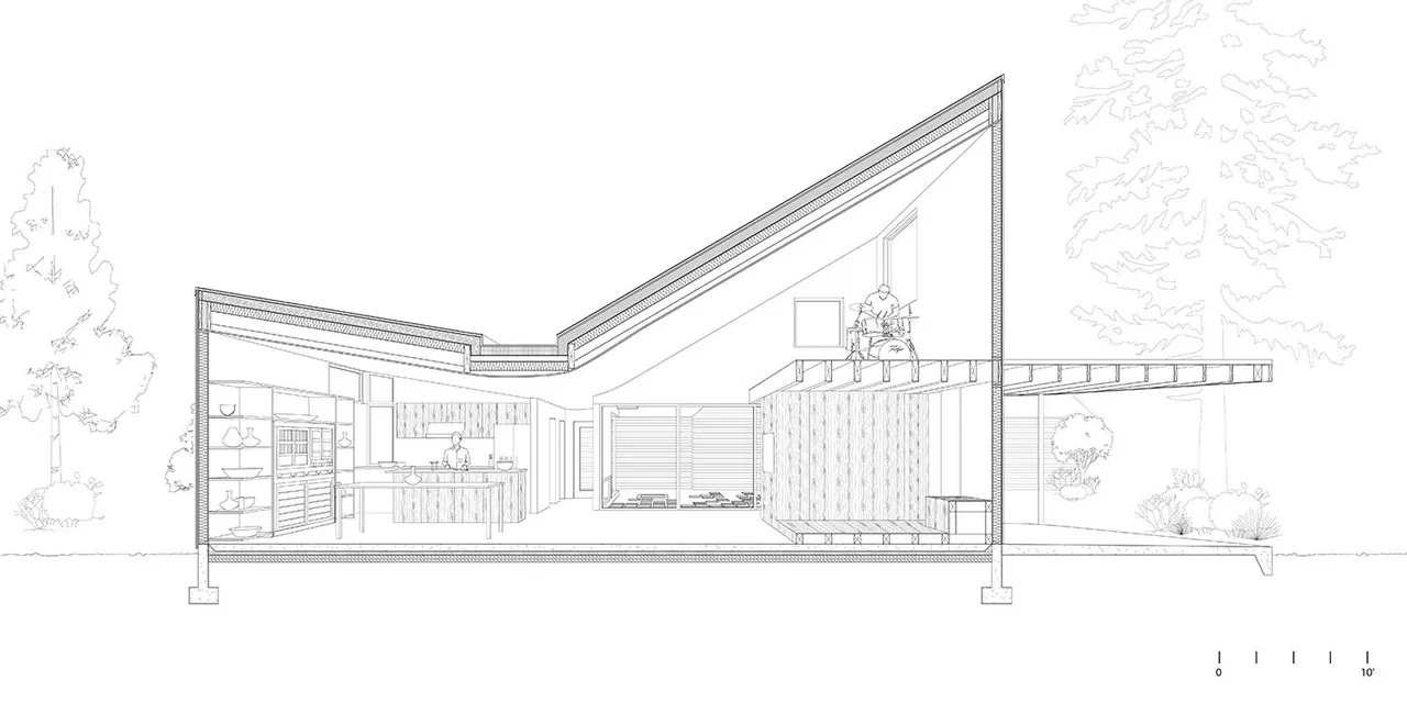 Cross-section isometric drawing of House O shows kitchen, dining, and elevated lounge spaces under sloped roofs.