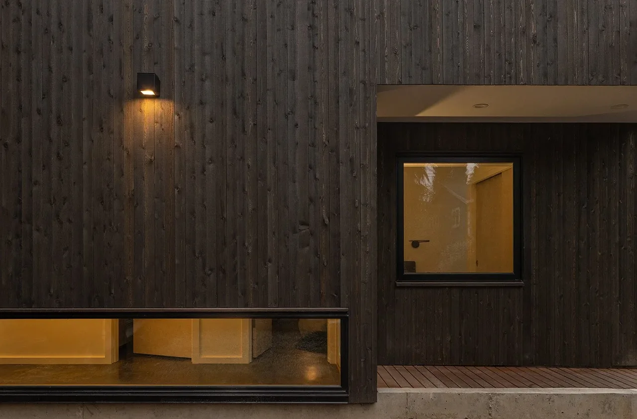 House O features dark vertical wood siding with rectangular black-framed windows and exterior wall lighting.