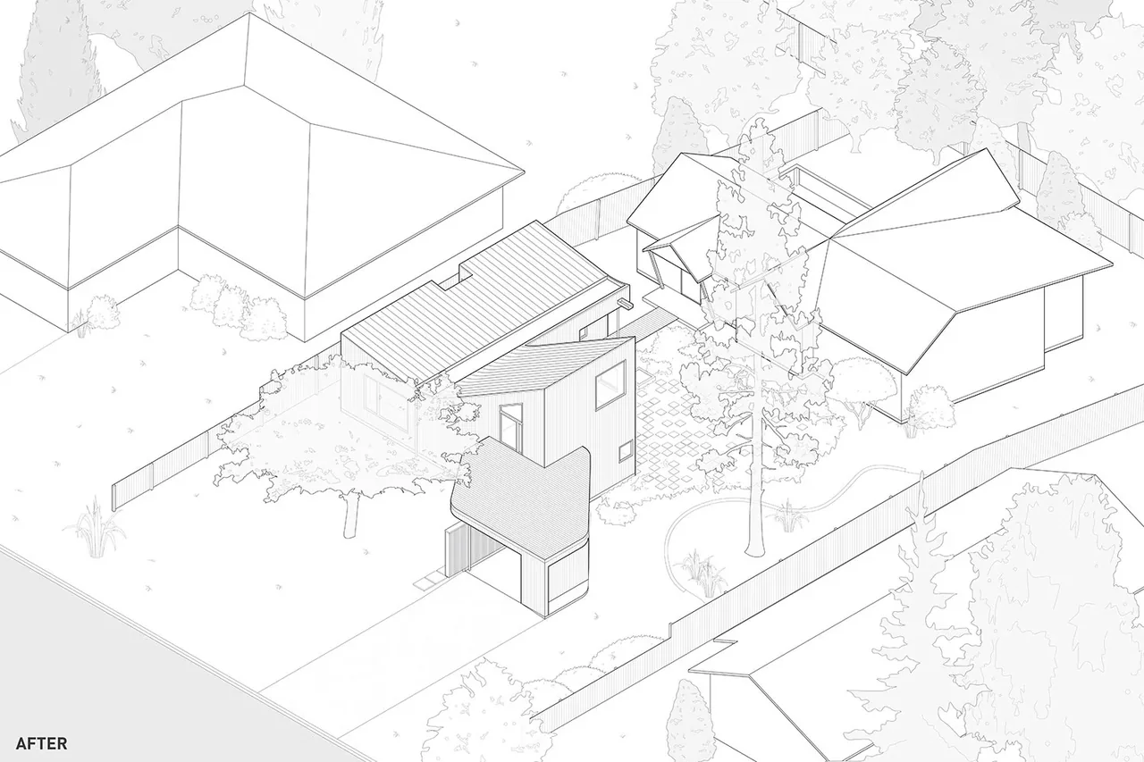 Isometric line drawing of House O highlighting the modern exterior design with gable roof and landscaping.