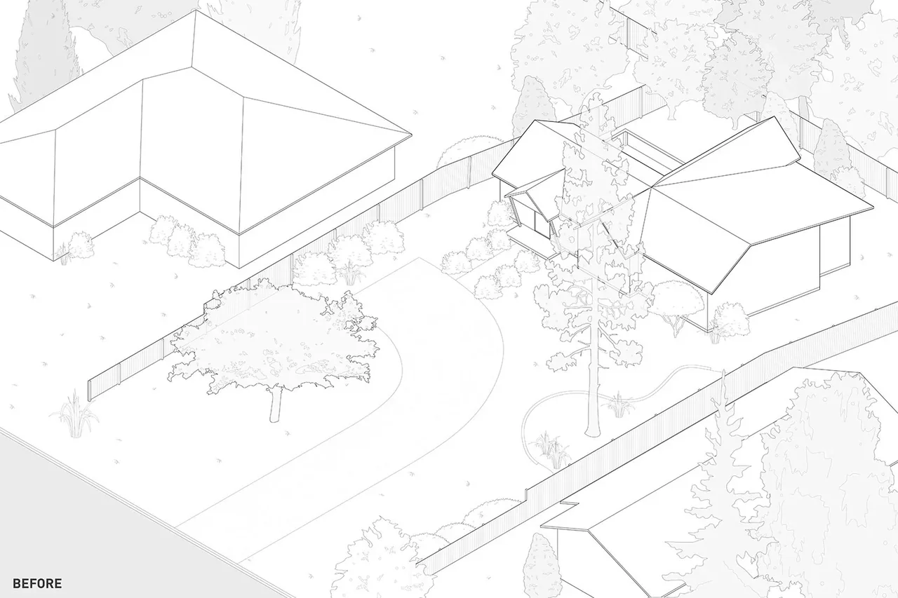 Line drawing rendering depicts a residential neighborhood with several houses and landscaping.