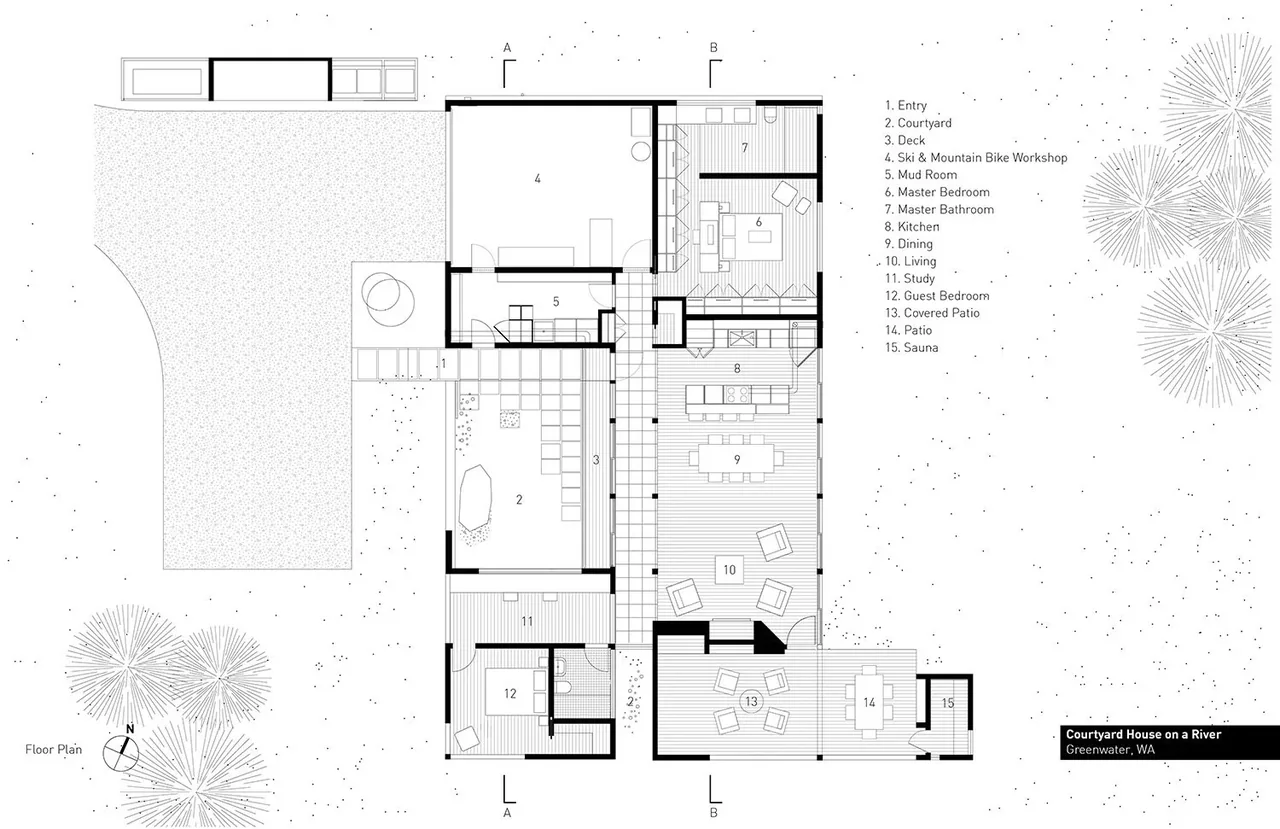 Floor plan of Courtyard House on a River highlighting entry, courtyard, bedrooms, kitchen, living, and outdoor spaces.