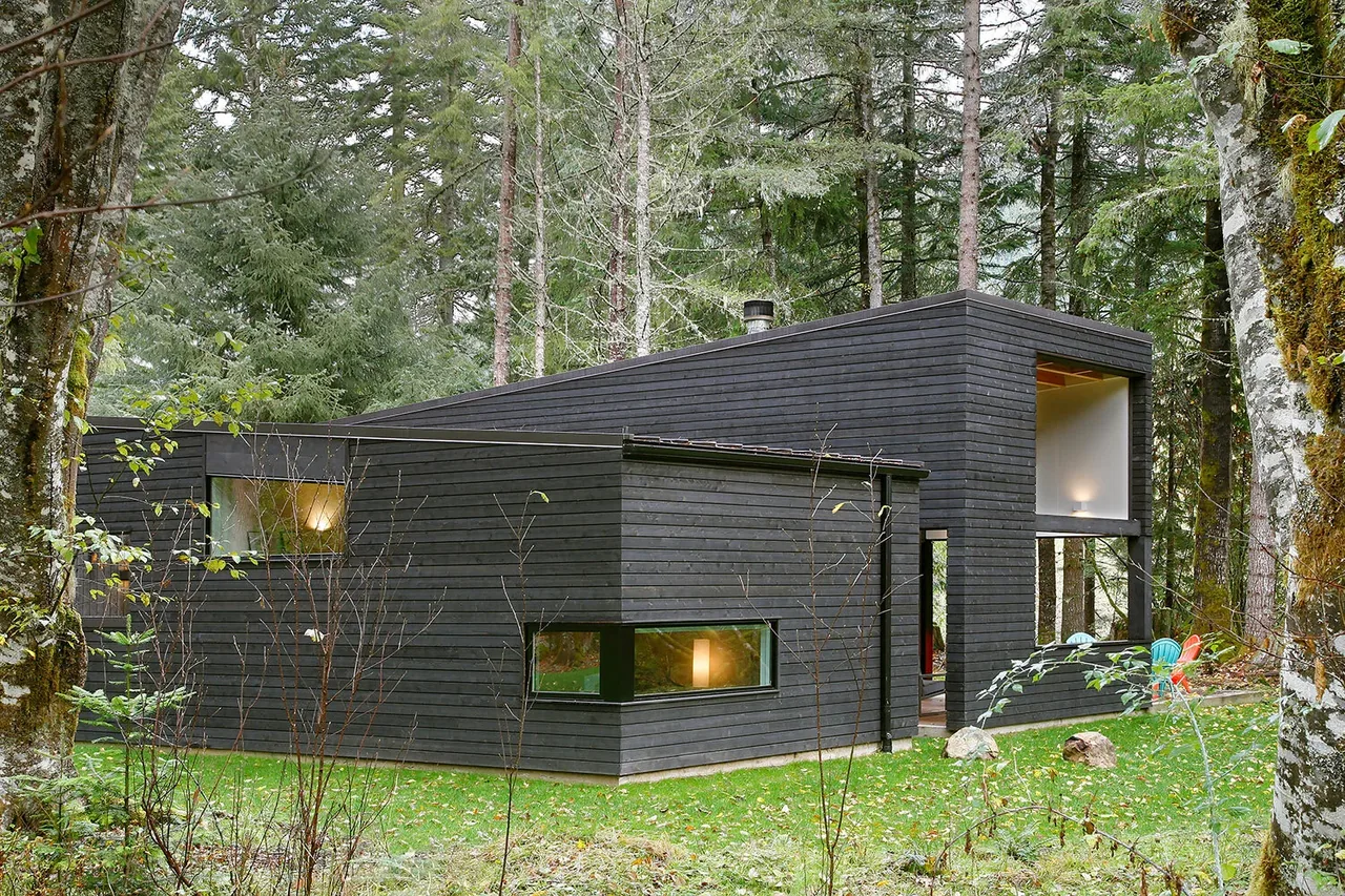 Exterior view of a dark wood clad modern house with asymmetrical roof forms located in a forest setting.