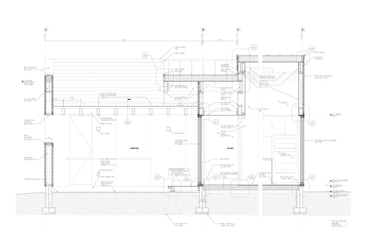 Section drawing of Courtyard House on a River showing structural and spatial organization by Hutchison & Maul Architecture.