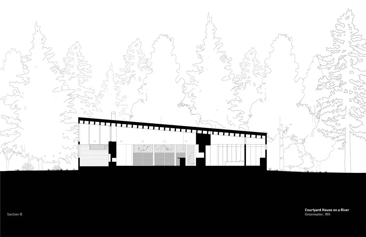 Section drawing of the Courtyard House on a River showing its sloped roof and window layout.