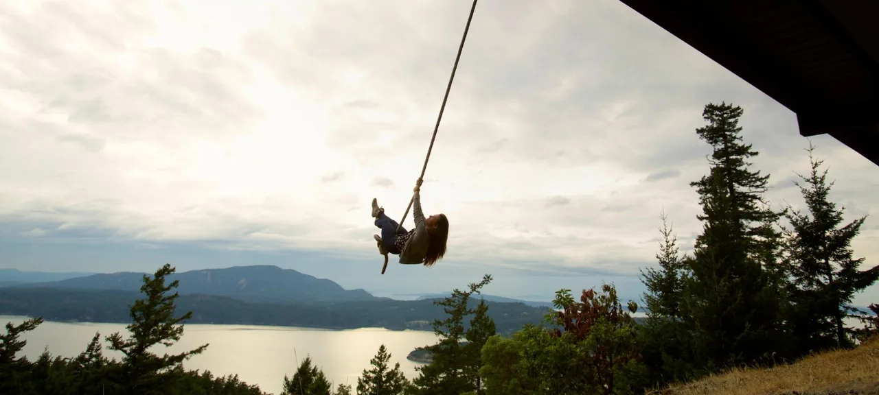 Rope swing hanging from a structure with views of a lake and forested hillside in the distance.