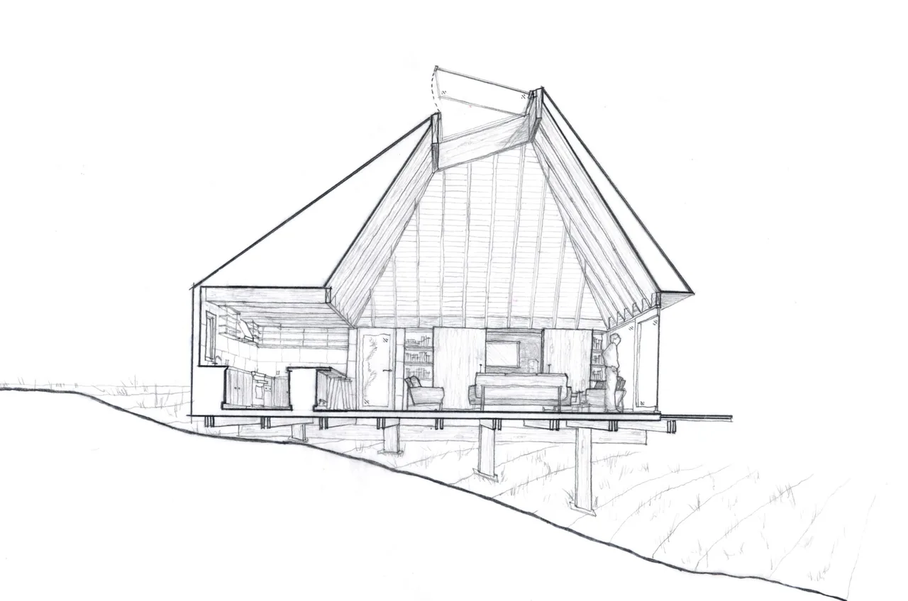 Section drawing of River Bend Residence by Lake | Flato Architects displays an elevated A-frame structure with visible kitchen and living room.