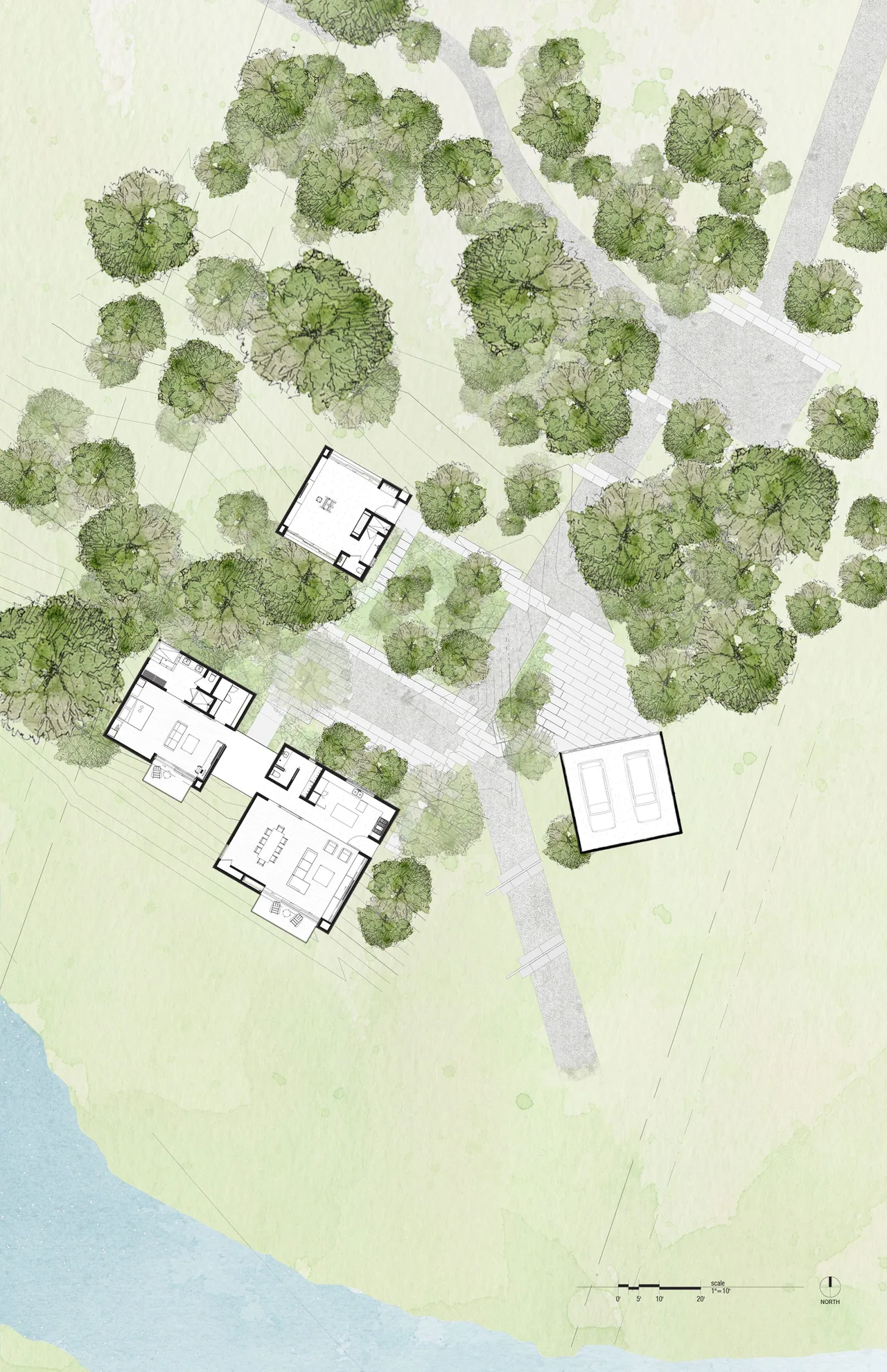 Site plan of River Bend Residence by Lake | Flato Architects, showing building footprints and landscape integration at the river's edge.