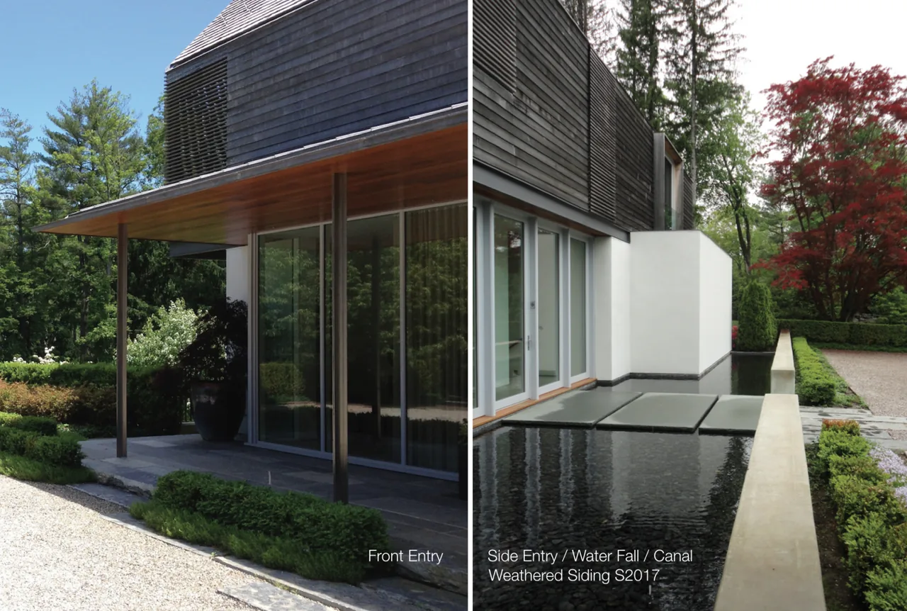 Front and side views of a modern home featuring slatted wood siding, a covered entry, and a reflective water canal with stepping stones.