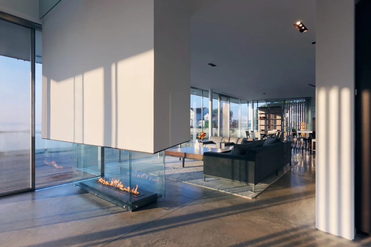 Modern living area features a central floating fireplace with glass enclosure and full-height windows for natural light.