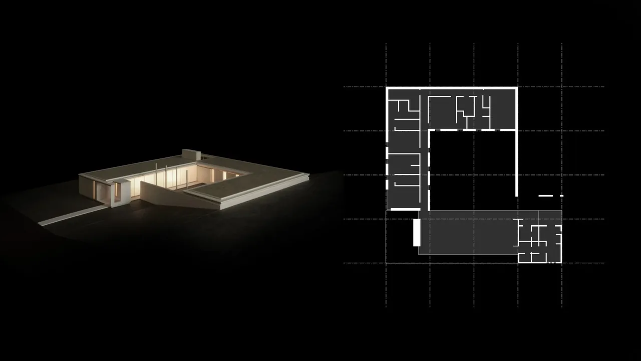 Model and floor plan of Spoonbill Ranch by Johnsen Schmaling Architects showing a single-story, L-shaped layout.