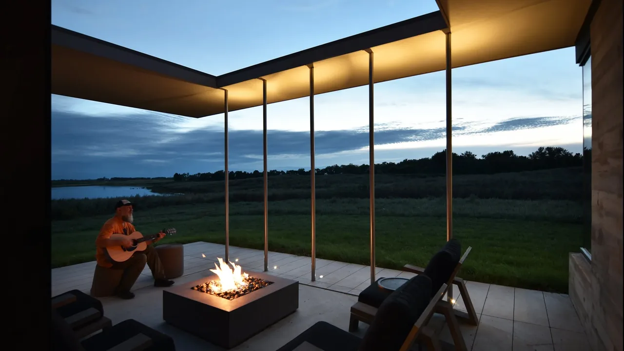 Covered patio with a modern fire pit and seating, overlooking a flat grassy landscape at dusk at Spoonbill Ranch.