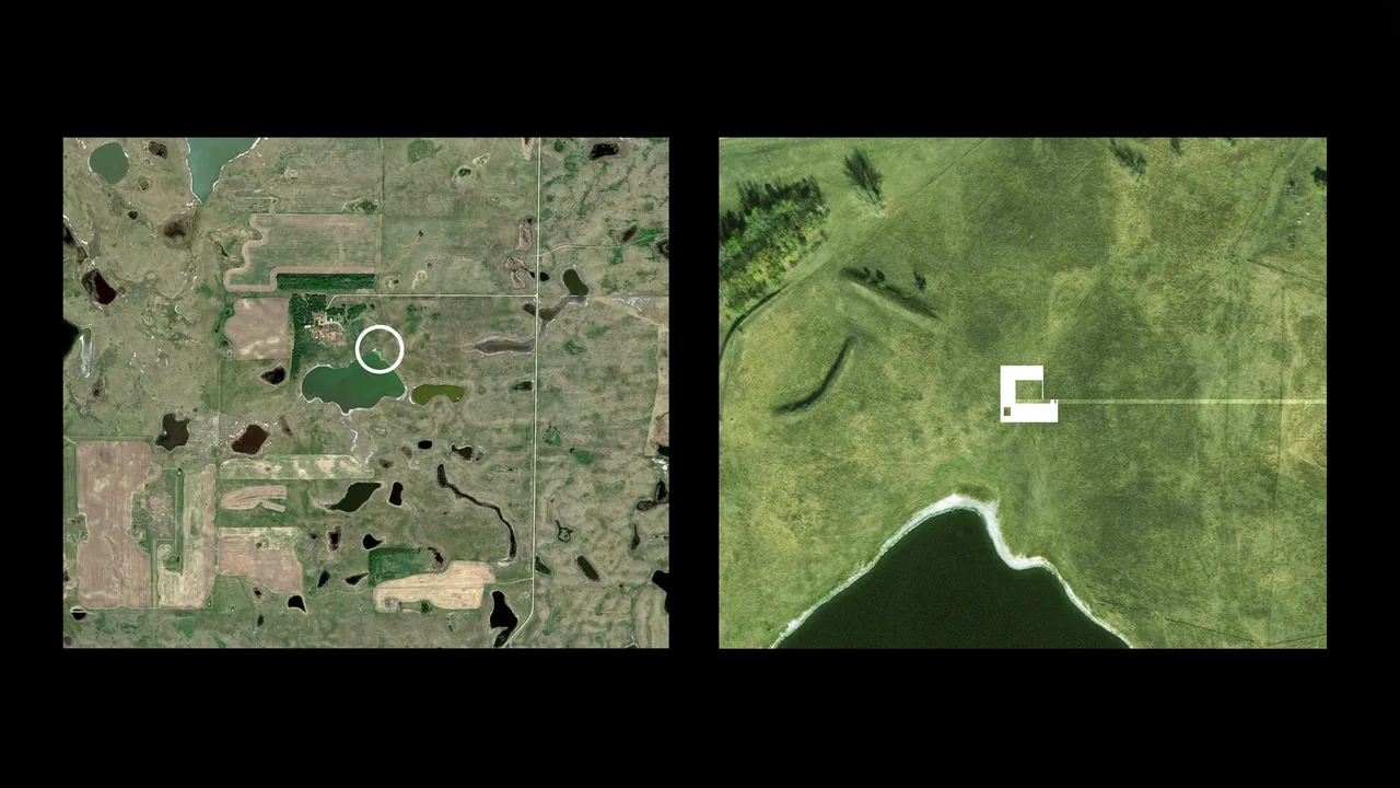 Aerial images of Spoonbill Ranch project site highlighting the l-shaped building form near a water body.