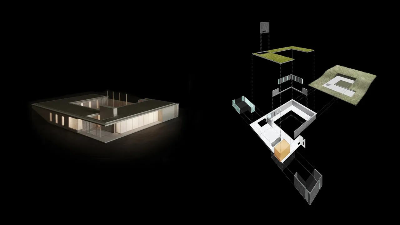 Model and exploded axonometric view show the Spoonbill Ranch's L-shaped plan with overhanging eaves and flat roof with green features.