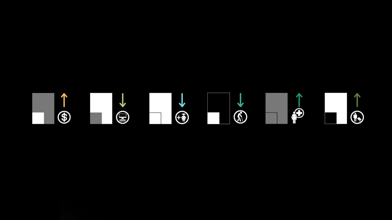 Graphic of six abstract square icons with arrows indicating directional flow on a black background.