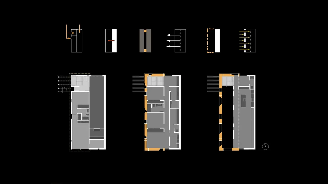 Floor plans showing multiple levels of the Flex House with room layouts and annotations.