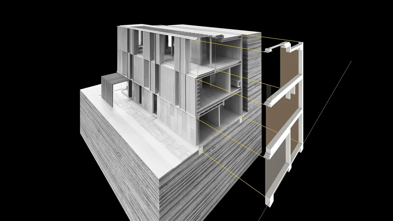 Sectional model of Flex House by Johnsen Schmaling Architects illustrating vertical wood siding and multi-story layout.