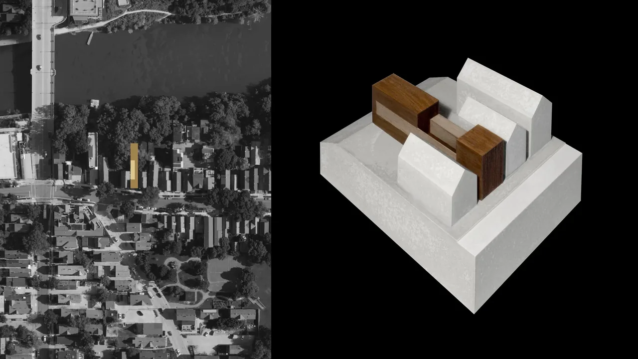 Aerial view of an urban residential area with a massing model showing placement of narrow wood structures between larger traditional forms.
