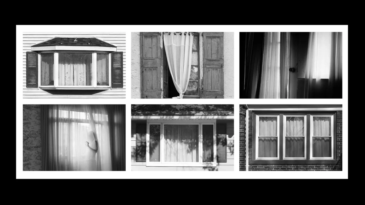 A collage of six black and white images showing windows with different styles of curtains on residential buildings.