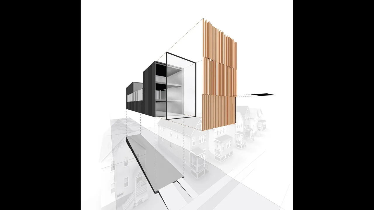 Exploded architectural rendering of Curtain House highlighting vertical wood slatted exterior and transparent structural components.