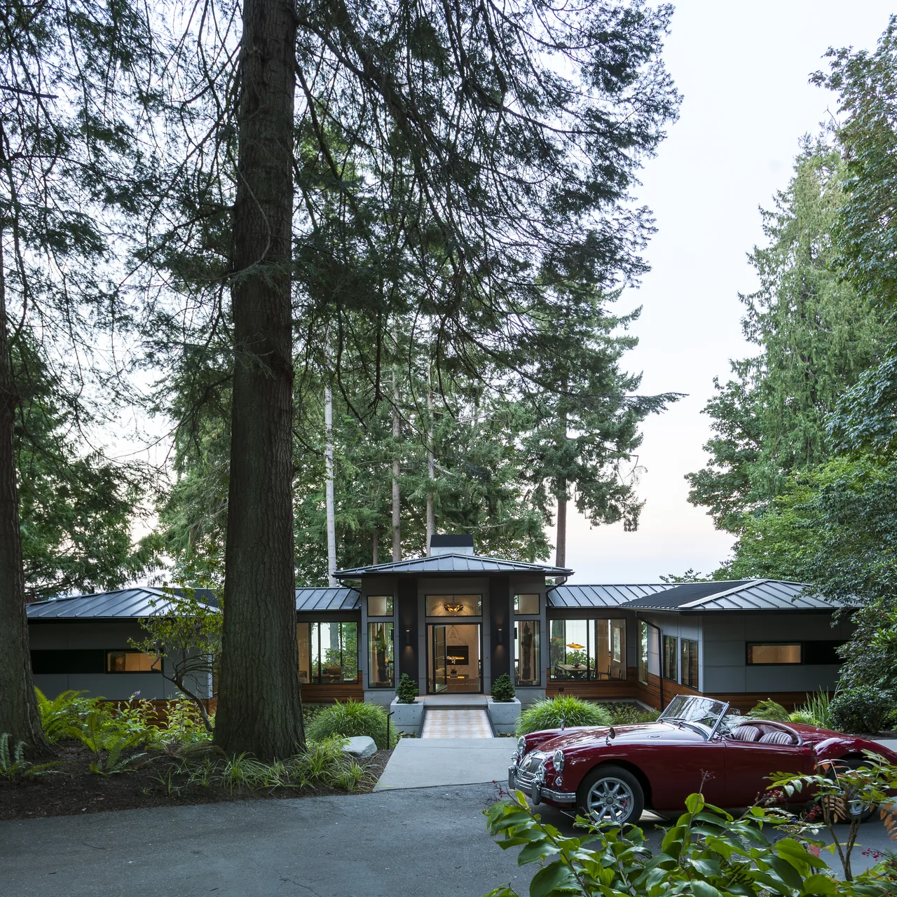 Sunrise House features a modern design with metal roofing and extensive glazing, set among mature trees in Seattle.