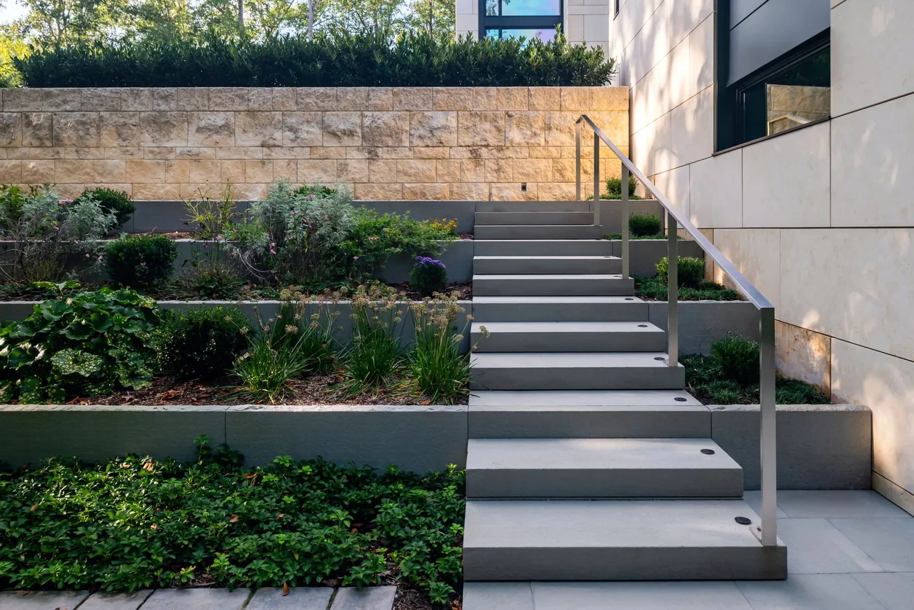 Stone steps with a metal handrail ascend amidst landscaped terraces with various shrubs beside a building with large windows.