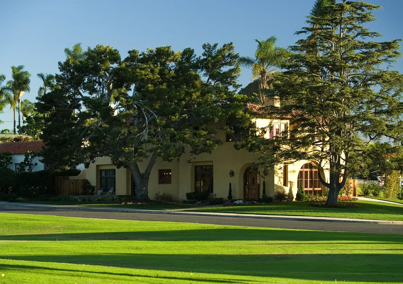 Exterior view of a stucco residential house partly obscured by large trees on a sunny day.