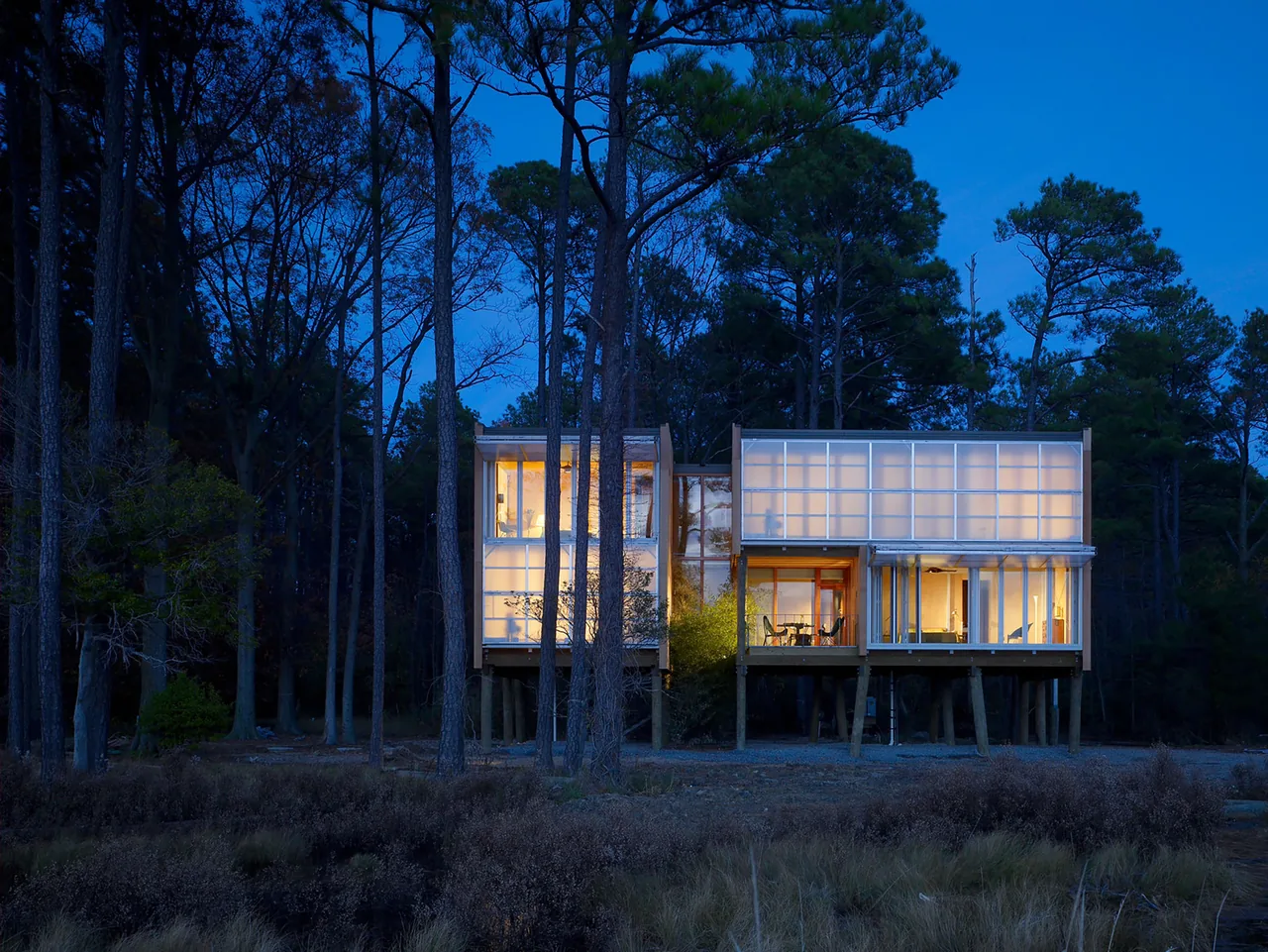 Loblolly House by KieranTimberlake features a modern raised design with translucent panel walls and large windows.