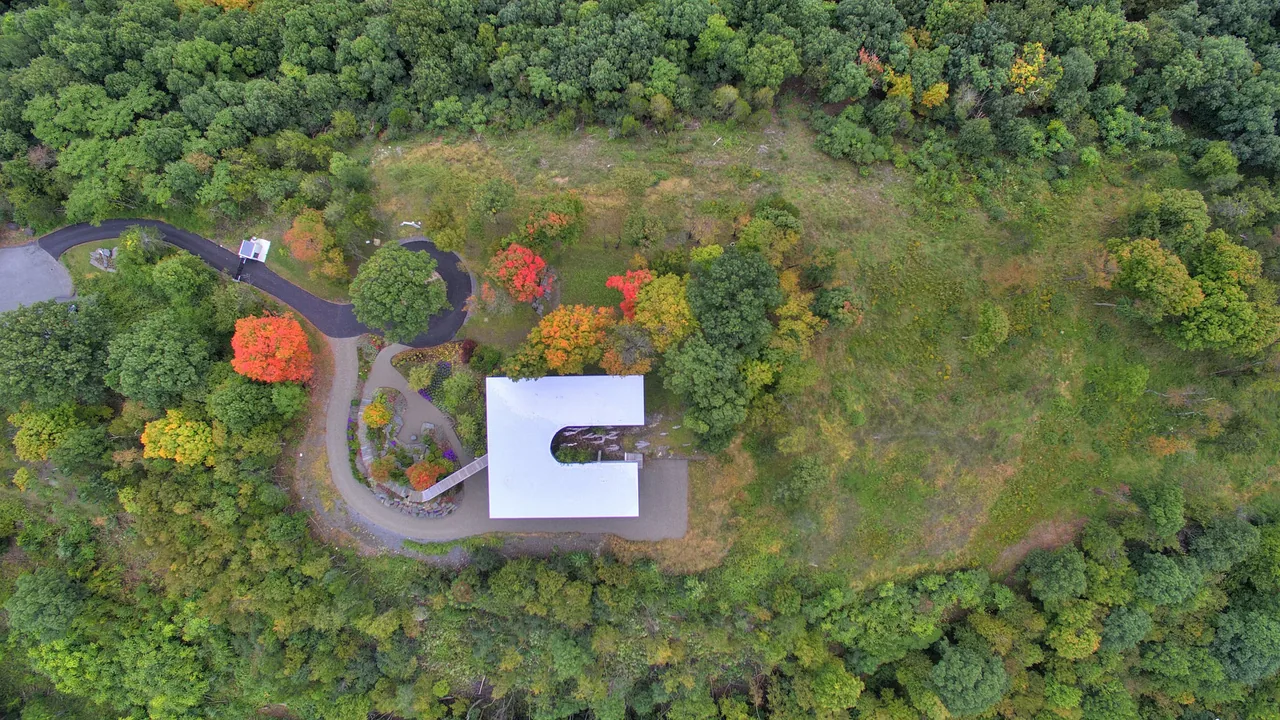 Top-down image of Hudson Concrete House centered in natural greenery with a walkway leading to the courtyard.