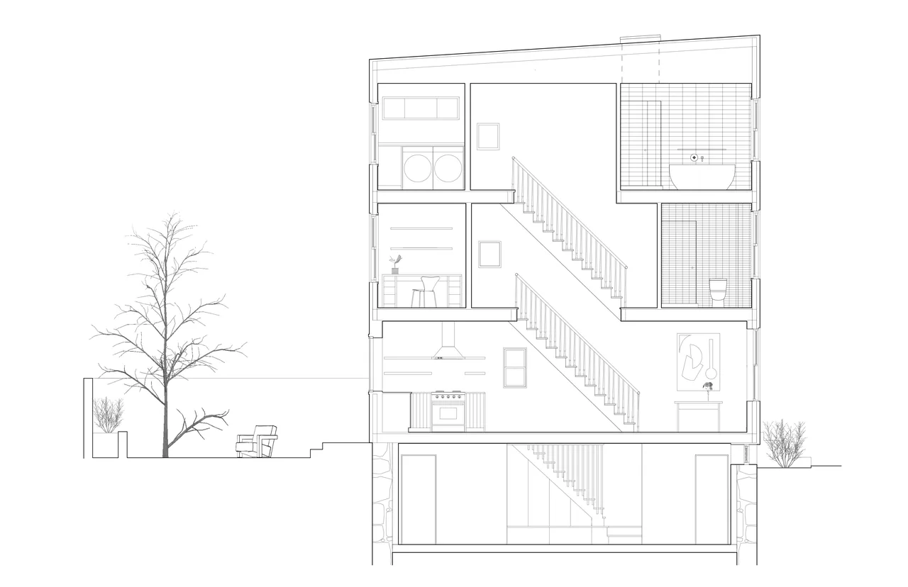 Section drawing of Greenpoint Residence revealing interior staircases, kitchen, bath, and basement layout along with exterior landscaping.
