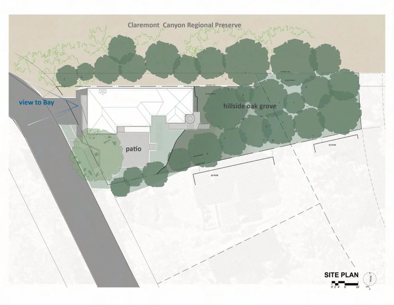 Site plan of Claremont Canyon Residence highlighting patio, hillside oak grove, and bay view direction.