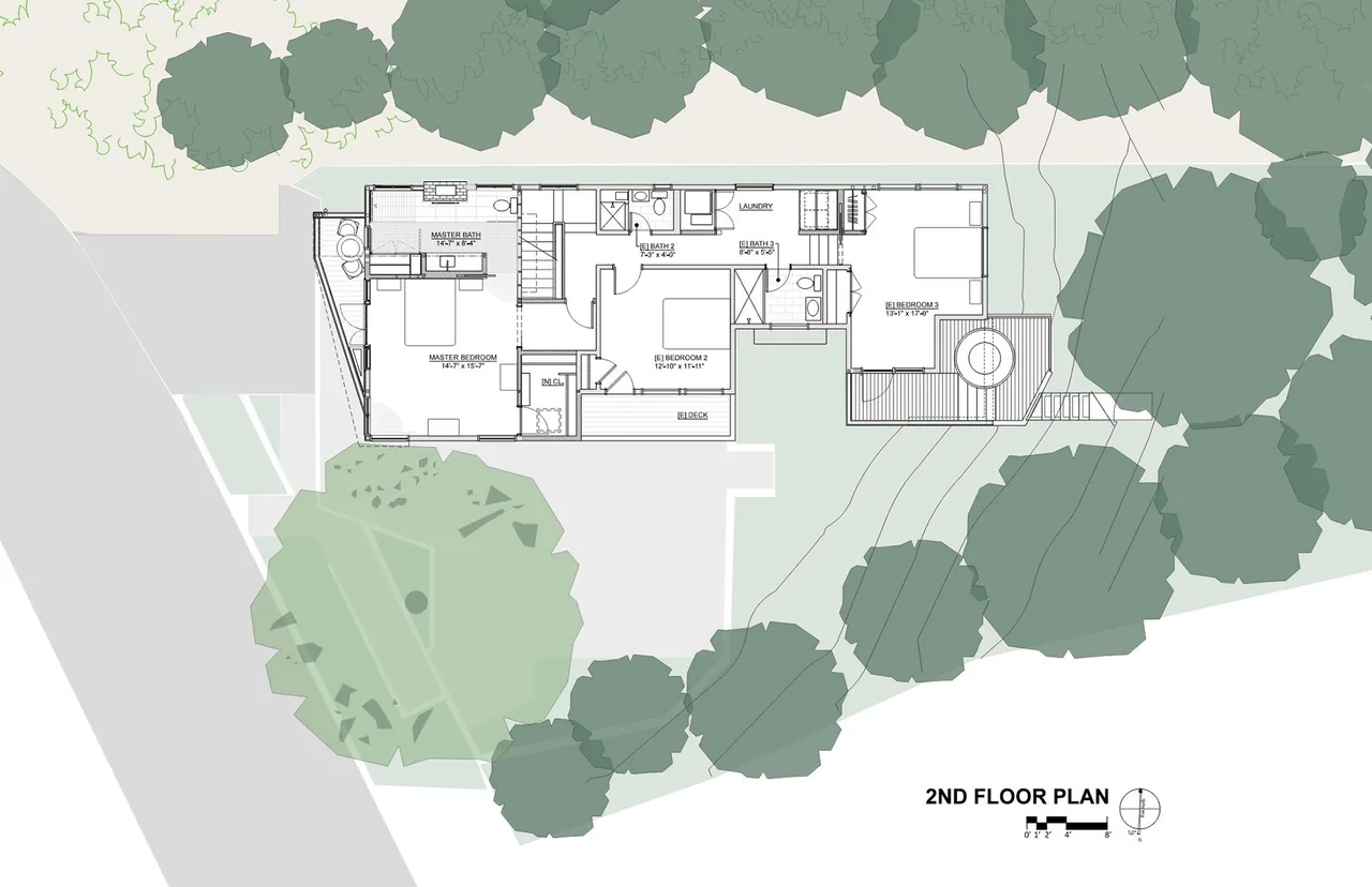 Second floor plan of the Claremont Canyon Residence by Kuth Ranieri Architects, showing bedrooms, bathrooms, laundry, and deck.