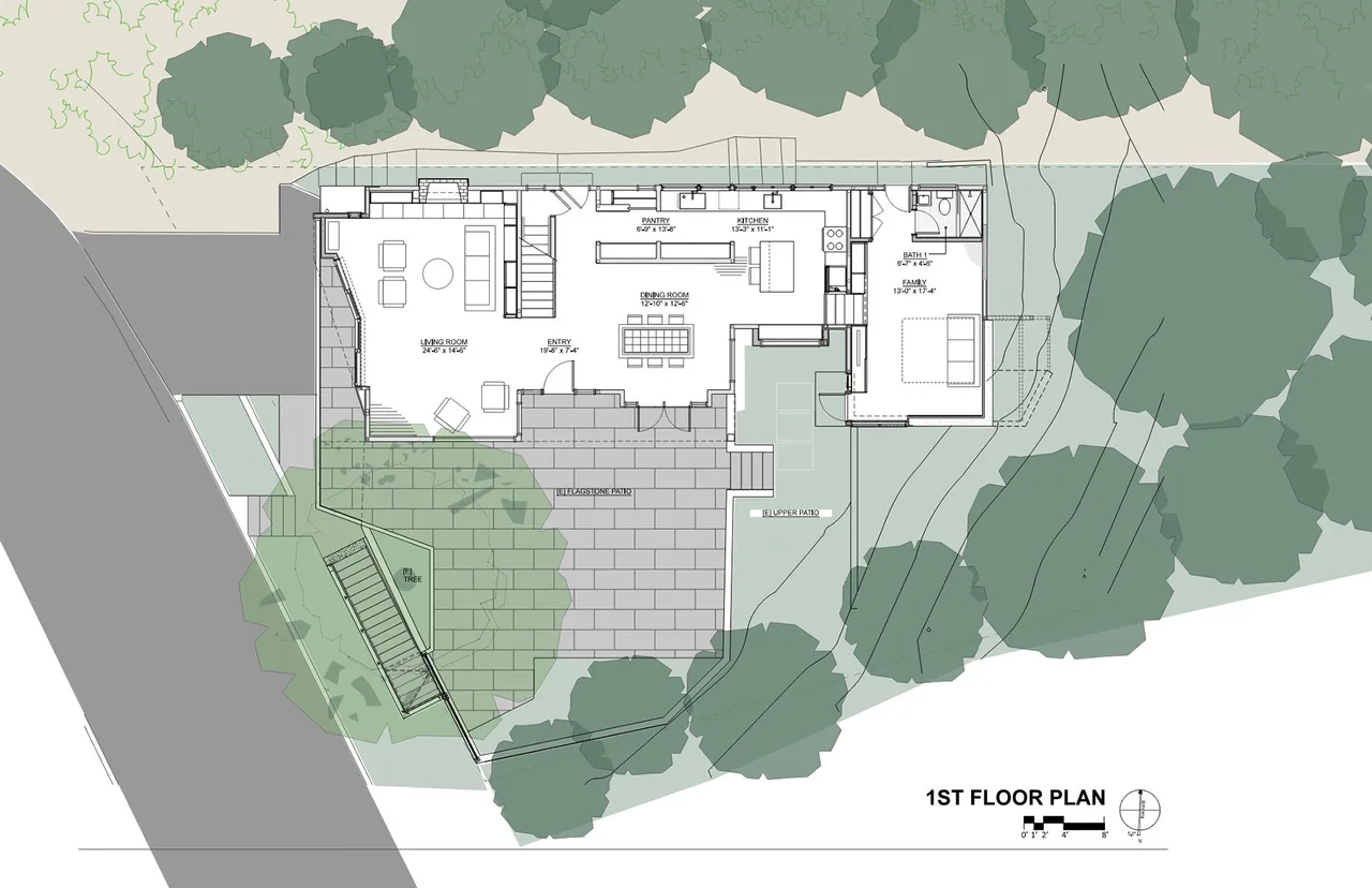 First floor architectural plan showing layout of living areas, kitchen, and patios for the Claremont Canyon Residence.