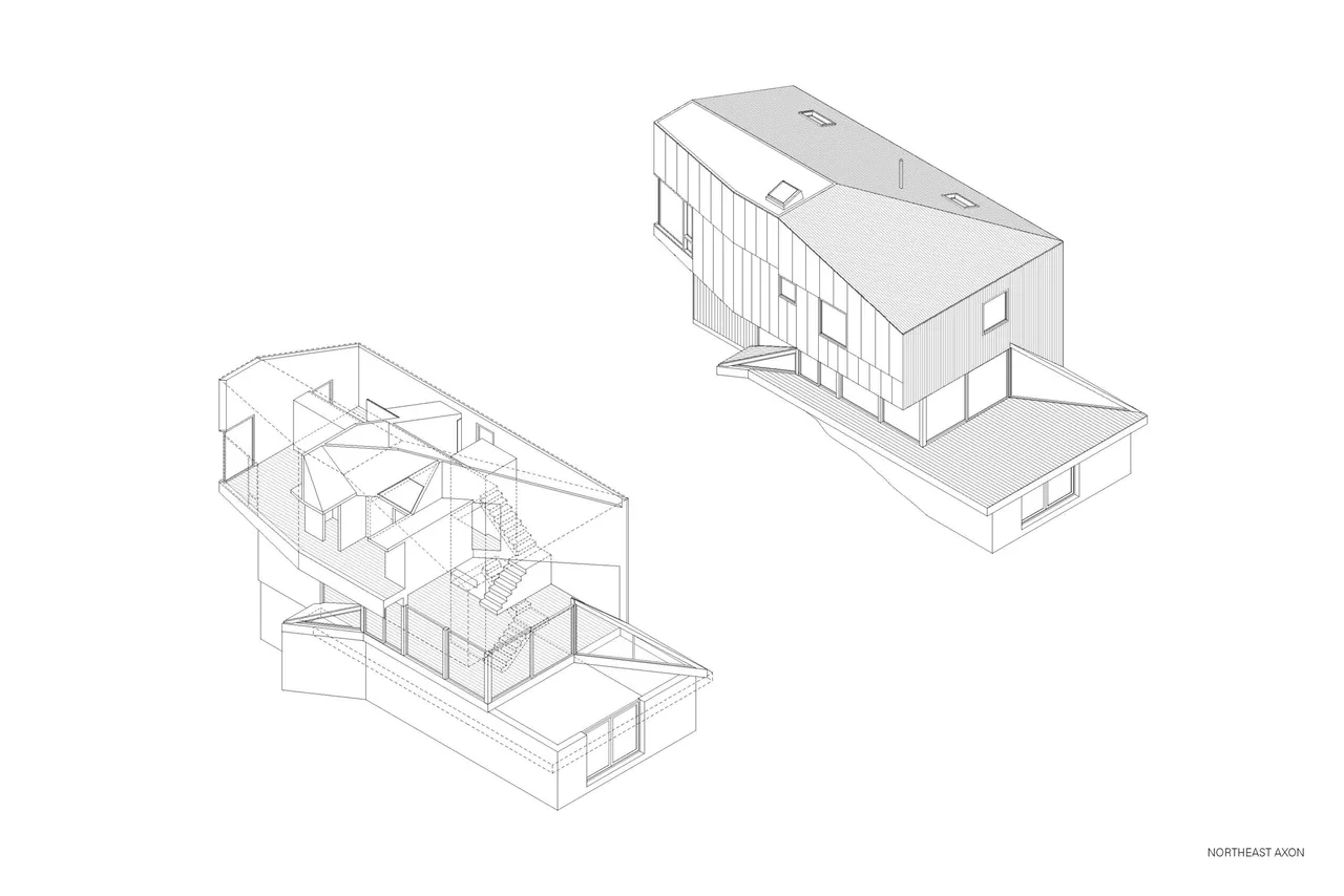 Isometric axonometric drawing of a two-story house showing exterior and interior wall layouts.